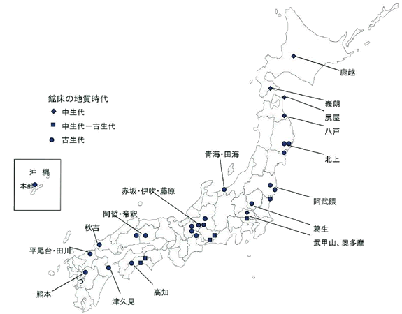 日本の石灰石鉱床分布図